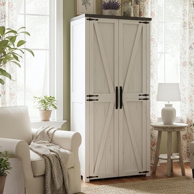 Pantry Cabinet, 71" Tall Farmhouse Kitchen Pantry Cabinet with 2 Barn and Adjustable Shelf, High Freestanding Tall Cupboard Storage Cabinet with Light for Living Room, Kitchen(White)