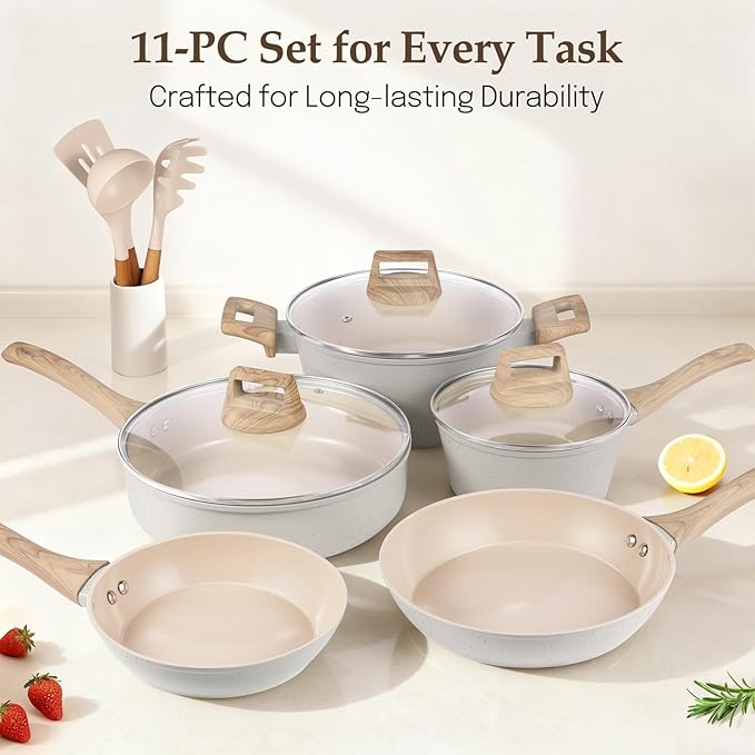 Pots and Pans Set Non Stick, 11 Pcs Ceramic Cookware Set, Nonstick Induction Cookware, Non-toxic Kitchen Cooking Set with Frying Pan Set, Cream