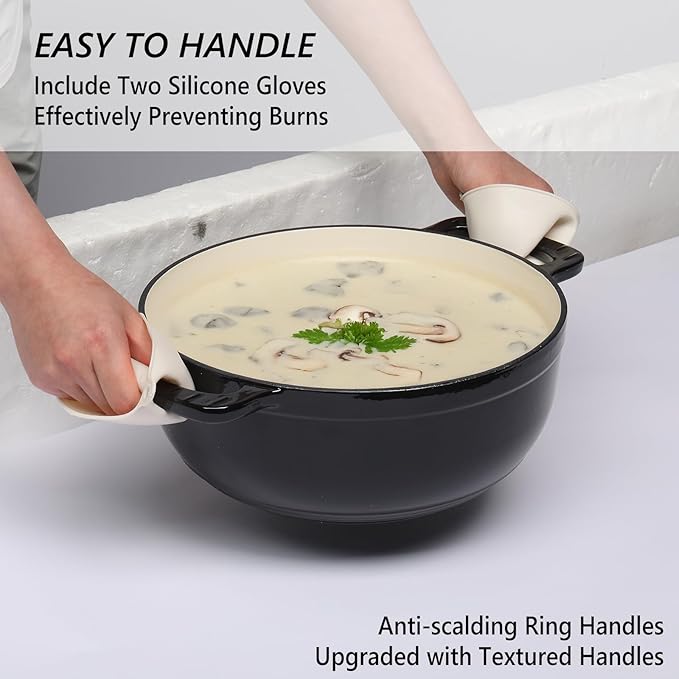 VINGLI 6QT Enameled Cast Iron Round Dutch Oven Pot with Lid, NonStick Casserole Pot with Dual Handles & Silicone GlovesRed, Oven Safe up to 500째F or on Stovetop, Dutch Oven for Bread Baking, Black