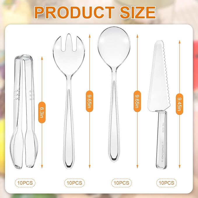40 Set Disposable Plastic Serving Utensils Include10 Pcs 6.3 Serving Tongs 10 Spoons 10 Forks 10 Knives for Christmas Buffets Food Weddings Family Gathering Birthday Party(Clear)