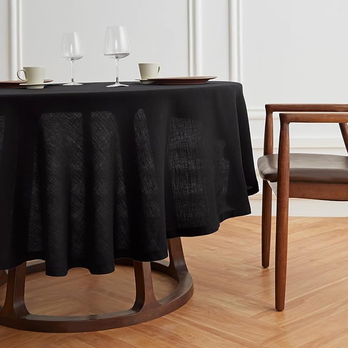 Solino Home Linen 60 Inch Round Tablecloth - 100% Pure Linen Black Round Tablecloth - Machine Washable Table Cloth for Winter, Spring - Sonoma