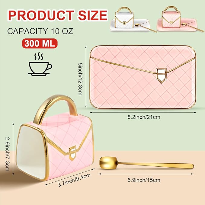 Zubebe 2 Sets Coffee Mug Elegant Handbag Shaped Cup Valentine's Day Modern Ceramic Purse Mug with Spoon and Saucer, 10oz Cute Creative Tea Cup for Woman Girls Gift (Pink,White)