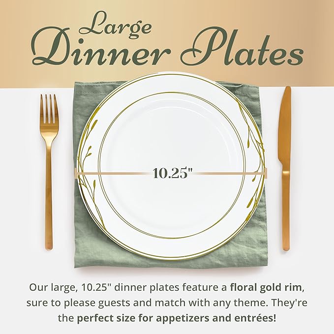 Reli. Disposable Plastic Plates, White & Gold Rim (110 Pcs, 10.25") | Hard Plastic Dinner Plate | Elegant, Heavy Duty Disposable Round Platters for Party, Wedding, Event, Christmas (Gold Trim)