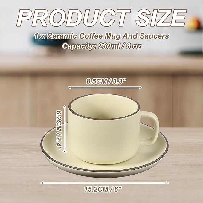 uxcell Handmade Vintage Espresso Cups, 8 oz Coffee Cups and Saucers Ceramic Tea Cup with Handle Dishwasher and Microwave Safe for Latte Cappuccino Milk Office Home Gifts, Pure Beige