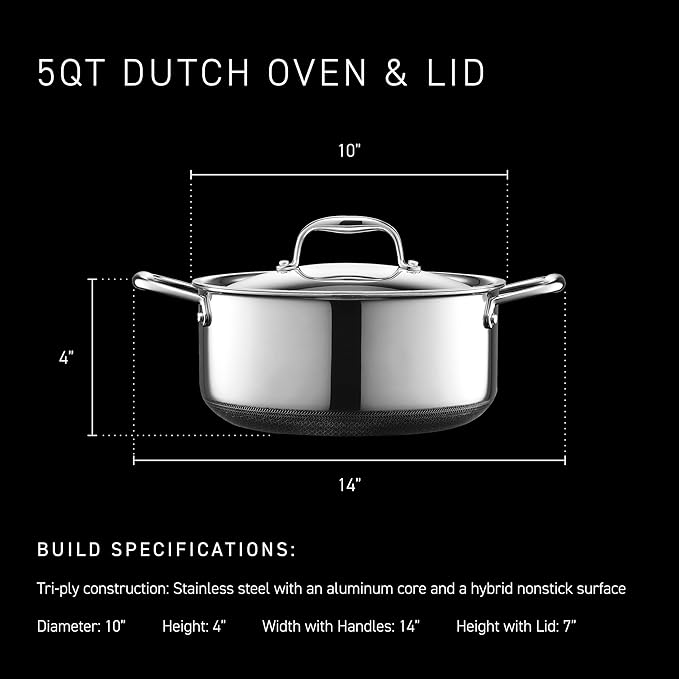 HexClad Hybrid Nonstick 5-Quart Dutch Oven with Stainless Steel Lid, Stay-Cool Handles, Dishwasher-Friendly, Oven-Safe Up to 900째F, Induction Ready, Compatible with All Cooktops