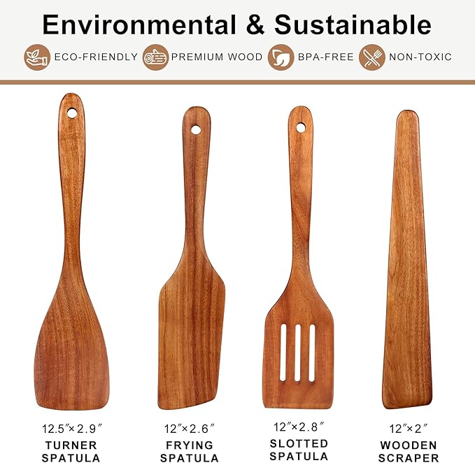 Non Toxic Wooden Spatula for Cooking Best Teak Wood Spatulas for Kitchen Use Wooden Cooking Utensils Set of 4 Including Paddle, Turner, Slotted Spurtle and Wood Scraper Nonstick Cookware