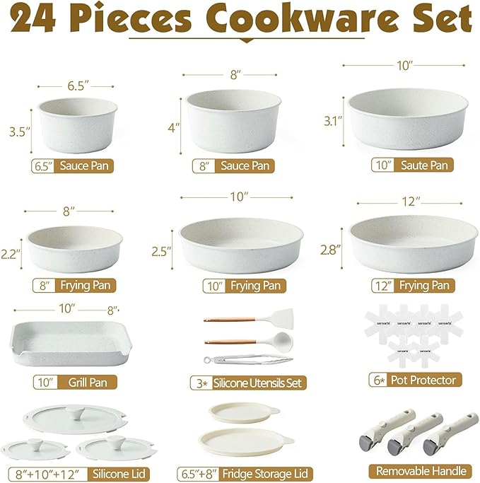 SENSARTE 24 Piece Pots and Pans Set, Nonstick Detachable Handle Cookware, Induction Kitchen Cookware Set with Removable Handle, Healthy Non Stick for RV, Dishwasher 竊?Oven Safe (White)
