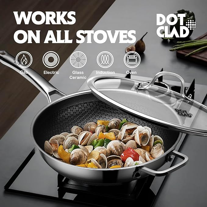3-Piece Hybrid Stainless Steel Cookware Set-12 Inch Wok with Lid,10 Inch Frying Pan,12 Inch Skillet with Lid-Non Stick,PFOA Free,Dishwasher&Oven Safe,Induction Compatible,Cookware Set.
