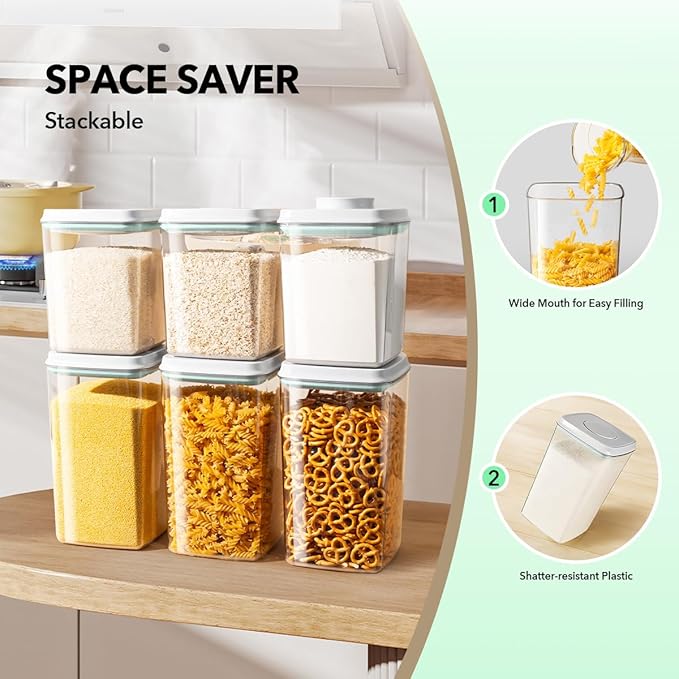 Food Storage Container Set 2.8 Qt 횞2 with Lids, Airtight Pantry Canisters, BPA-Free Plastic Flour Sugar Storage Containers, One-Touch Press-to-Open Lids, Stackable Clear Jars for Rice, Cereal, Coffee
