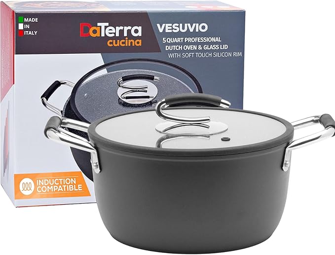 DaTerra Cucina - 5 Qt Nonstick Ceramic Dutch Oven Pot with Lid ??Lightweight Nonstick Pot with Dual Handles, Perfect for Soup, Pasta, Saut챕ing, Searing, Induction & Stovetop Safe - Black