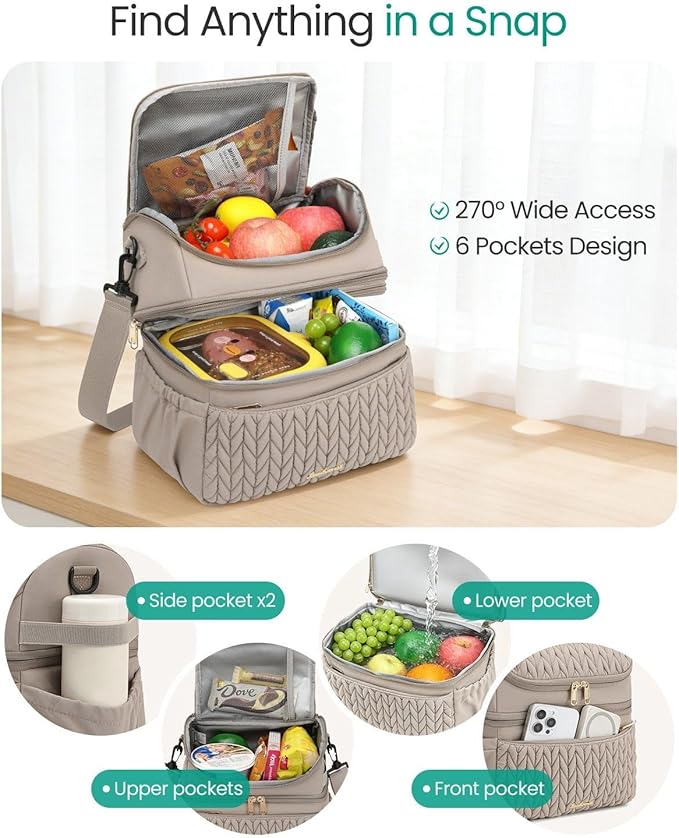 LEADVENST Lunch Bag Women, Double Deck Insulated Lunch Box - Large Capacity 12L with Detachable Divider for Tall Items, Leakproof, Durable & Reusable Cooler Bag For Work Picnic Travel, Quilted Khaki