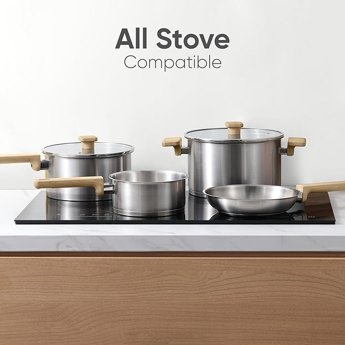 CAROTE 1.6QT & 3QT Sainless Steel Saucepan with Lids and 1QT Saucepan without Lid Pot Set,3-ply Base, Non-Toxic, Induction Cookware Set, Small Kitchen Pots, Tempered Glass Lids
