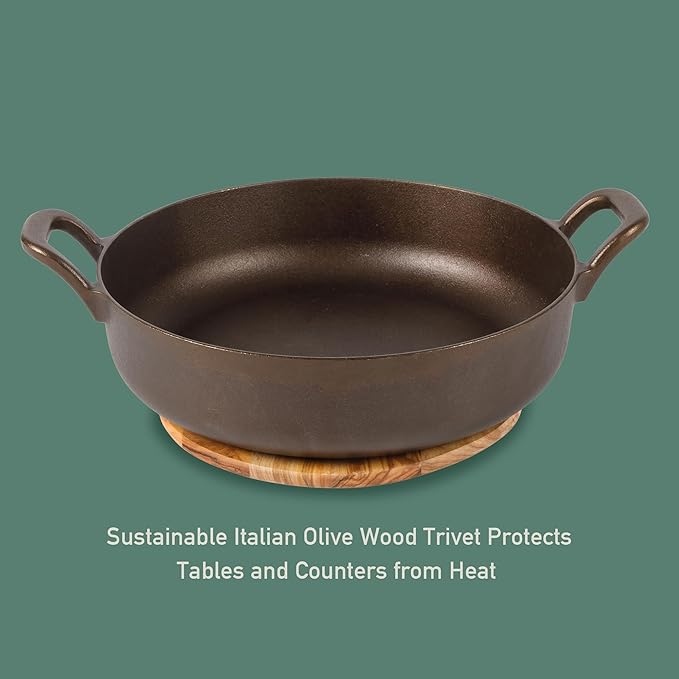 Bloomhouse - Two Time Oprah's Favorite Things Winner - Natural Bronze Finish 13" Round Cast Iron Everyday Pan ??Olive Oil Treated Surface w/Dual Handles Olive Wood Trivet Oven Stovetop Campfire Safe