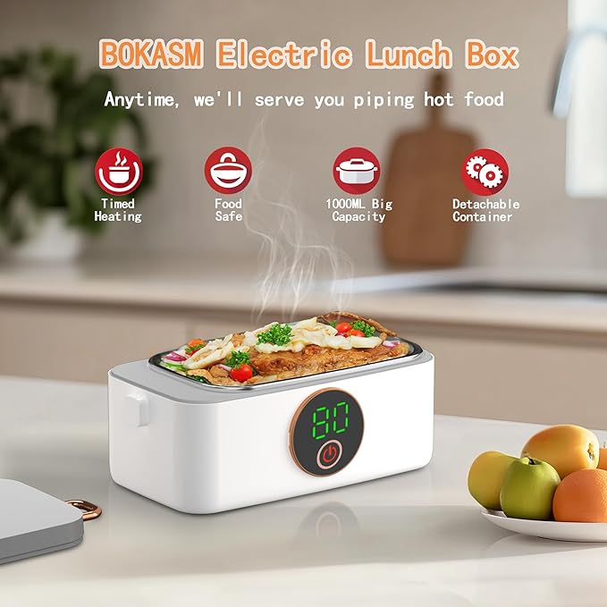 BOKASM Portable Cordless Electric Heated Lunch Box for Adults,Heating Food Warmer Lunch Box,Rechargeable 16000mAh Battery,4.2Cups Capacity Inner Container,Lunchbox for Travel,Outdoor,Picnic,Office