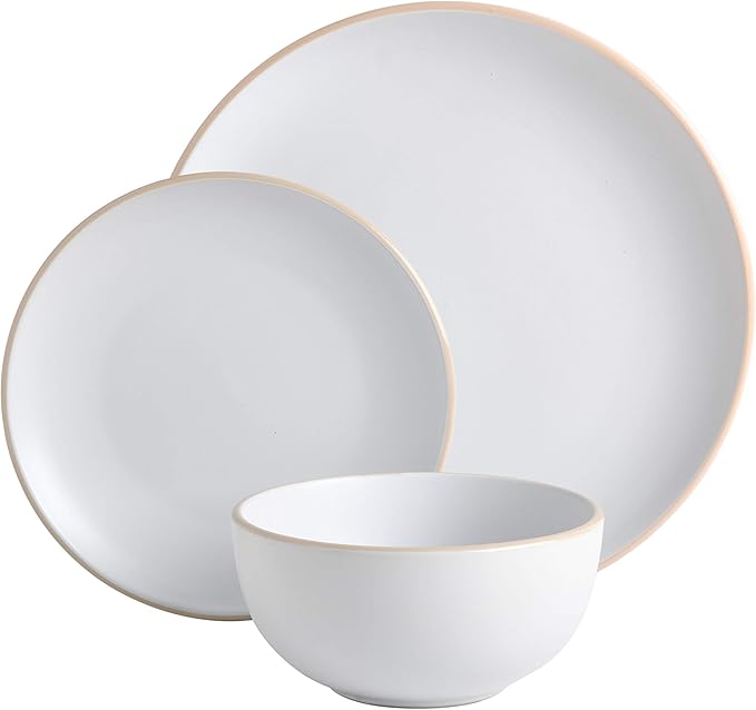 Gibson Home Rockaway 12-Piece Round Stoneware Dinnerware Set, Service for 4 ??White Plates and Bowls, Modern Matte Finish, Microwave & Dishwasher Safe