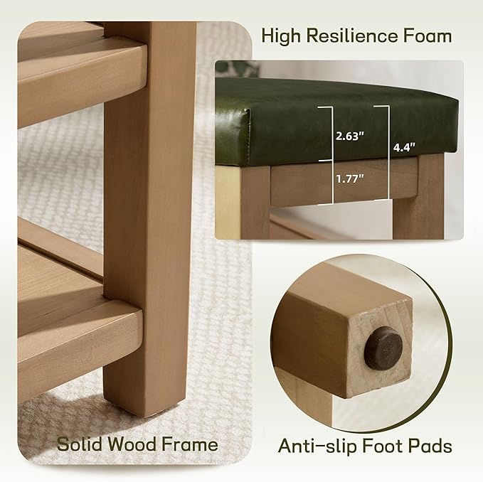 Zihanhome Shoe Rack Bench with Leather Cushion, 2 Tier Solid Wood Storage Bench, Mid-Century Modern Shoe Bench for Entryway, Hallway, Closet, Front Door Entrance, Foyer (Green, 39.4")