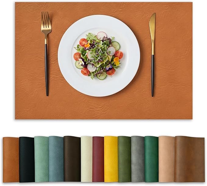Artoid Mode Rust Faux Leather Placemats Set of 6, 12x18 Inch Waterproof Wipeable Heat Resistant Place Mats, Reversible Table Mats for Fall Kitchen Dining Decor