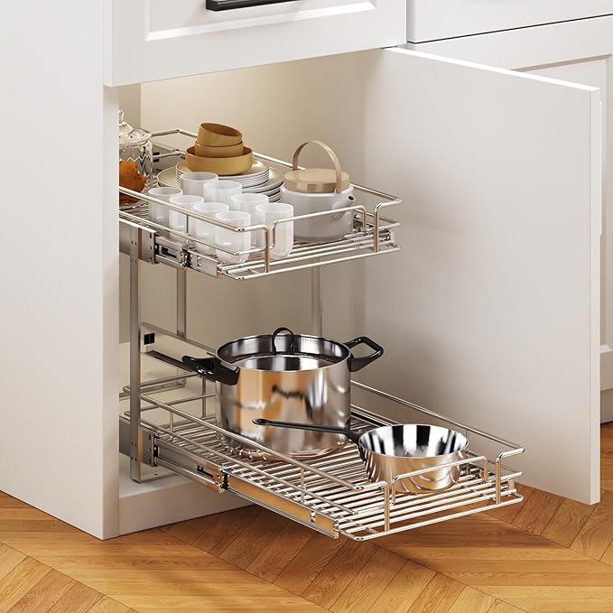 2 Tier Individual Pull Out Cabinet Organizer 10쩍" W x 21쩍" D, Heavy Duty Cabinet Pull Out Shelves, Slide Out Drawers Organization for Kitchen Cabinets Bathroom