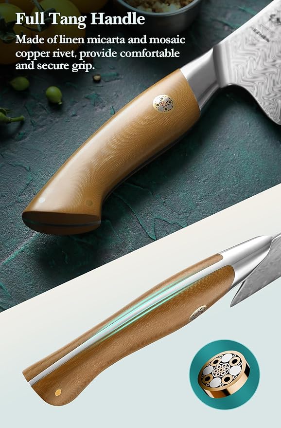 HEZHEN Damascus Santoku Knife, 7 Inches, 67 Layers Damascus Steel, Ultra Sharp Blade, Japanese Chef Knife for Professional Chefs and Home Cooking, Linen Micarta Handle, Gift Packing