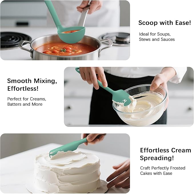 Coukre Silicone Kitchen Cooking Utensils Set with Holder ??Heat-Resistant, Food-Grade Kitchen Tools, Spatula, Spoon & Gadgets for Non-Stick Pans, Dishwasher Safe (14, PureAquaGreen)