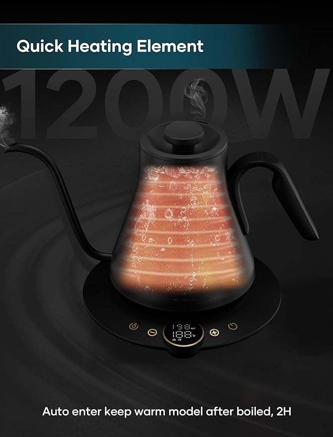 Gooseneck Electric Kettle with 짹1??Temperature Control for Pour Over Coffee & Tea, Quick Heating, BPA-Free Stainless Steel, Built-in Brew Timer, 1500W/0.9L (Black Walnut)