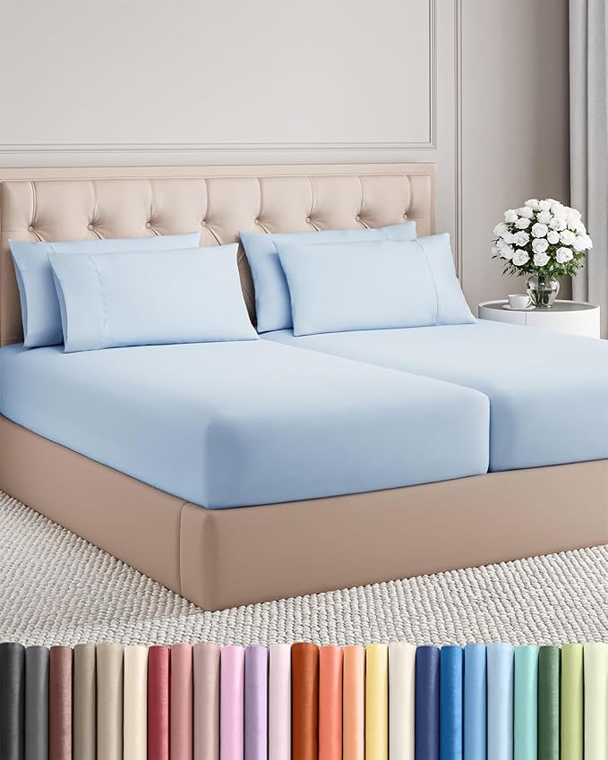 Split King 7 Piece Sheet Set - Cooling and Breathable Bed Sheets - Hotel Luxury Bed Sheets for Women, Men, Kids & Teens - Deep Pockets - Easy Fit - Soft and Wrinkle Free - Split King Sky Blue Sheets