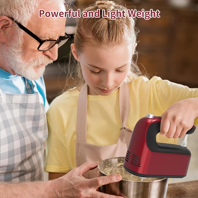 9-Speed Digital Hand Mixer Electric, 400W Powerful DC Motor, Baking Handheld with Snap-On Storage Case, 5 Stainless Steel Accessories, Flat Beaters, Dough Hooks, Whisk(Red)
