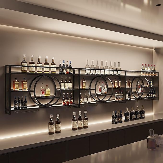 Modern Wine Storage Rack Wall Mounted With LED Light With Wine Glass Holder,Iron Bar Liquor Shelf,Floating Wall Wine Shelves,Bar Liquor Bottle Display Shelf For Kitchen Bar Decoration Gold/Black ( Col