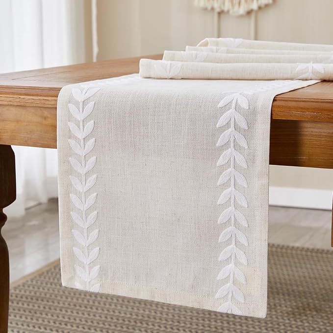 Wracra Embroidered Table Runner Irregular Willow Leaf Table Runners 72 Inches Long for Dresser Home Dining Table Decor,14 x 72 Inch, White
