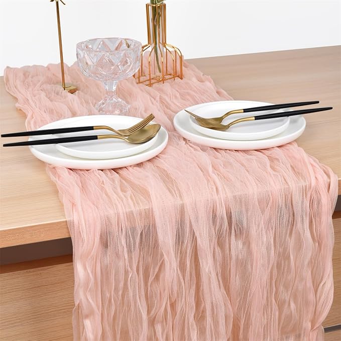 Joanlody Peach Cheesecloth Table Runner Spring Easter 10Ft Rustic Gauze Boho Cheese Cloth Table Runner for Wedding Bridal Baby Shower Decoration