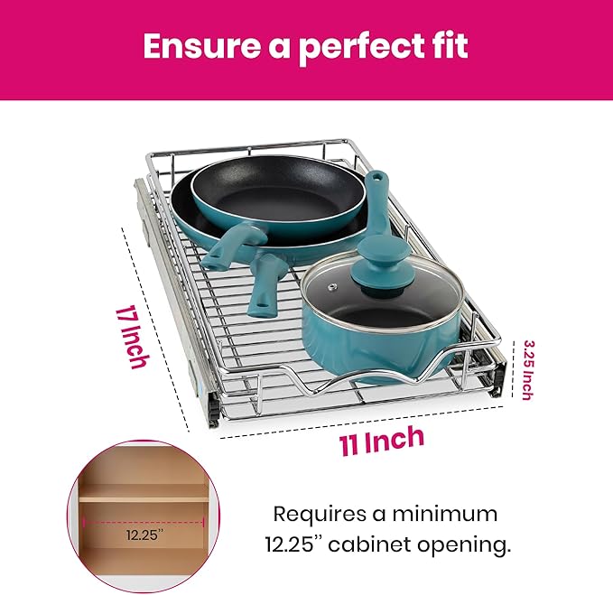 HOLD N' STORAGE Pull Out Cabinet Organizer, Heavy Duty-w/Lifetime Limited Warranty -11?쓂 x 17?쒭-Requires At Least 12-1/4??Cabinet Opening, Steel Metal Cabinet Drawers Slide Out, Chrome Finish
