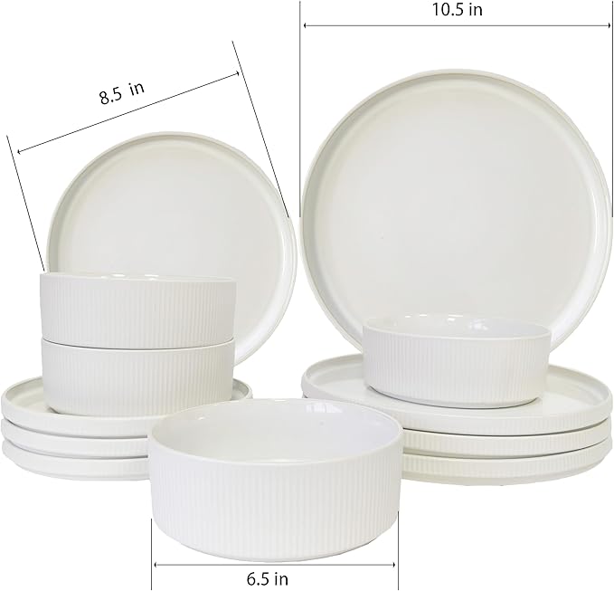 UDNORDGLOE Porcelain Dinnerware Sets for 4, 12 - Piece Ceramic Plates and Bowls Sets,Stoneware Clip and Scratch Resistant Dishware, Microwave and Dishwasher Safe, Matte White