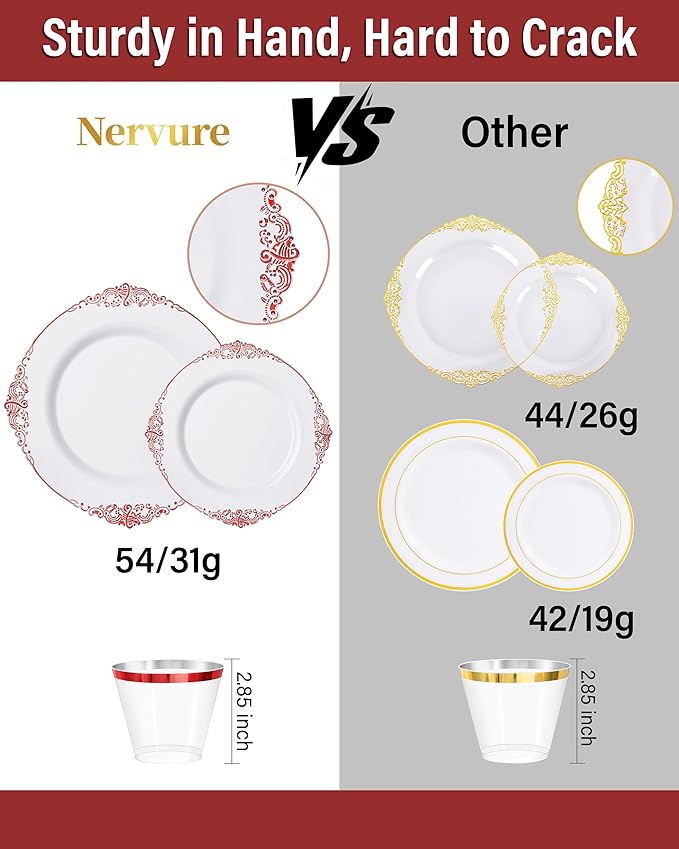 Nervure 350PCS Red Plastic Plates - White Red Plastic Dinnerware Set for 50 Guests - 100 Red Disposable Plates, 50 Pre Rolled Cutlery Set, 50 Cups Perfect for Wedding, Party
