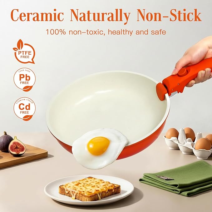 GIPP 11pcs Pots and Pans Set Non Stick, Nonstick Cookware Set Detachable Handle,Ceramic Pots for Cooking Non Stick with Removable Handle, RV Cookware Set, Orange Gradient
