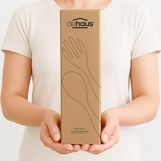 Dehaus짰 Large Premium Bamboo Salad Tongs - Eco Friendly Wooden Serving Spoons - Salad Serving Utensils - Salad Tosser Forks - Giant Wood Salad Servers - 12 inch Salad Hands