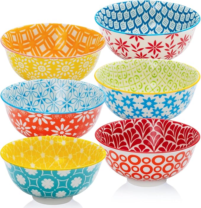 AntoKueh 23 OZ Colorful Large Ceramic Bowl Set of 6 6 inch Deep Porcelain Cereal Bowls for Salad, Soup, Snack and Rice竊똃ishwasher/Microwave safe
