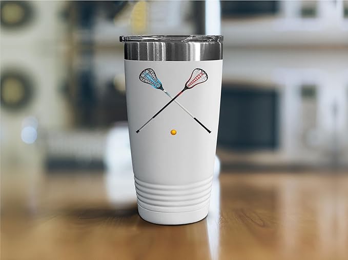 SpreadPassion Isolated Lacrosse Sticks and Ball Tumbler, Stainless Steel Tumbler, 20oz Insulated Tumbler, Christmas Birthday Gift Idea (White)