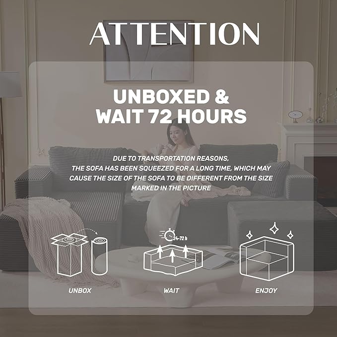 138" Boneless Couch with Deep Seat, Modular Sectional Sofa, Cloud Sectional Couch for Living Room, No Assembly Required, Corduroy, 4 Seater L-Shape Left, Grey