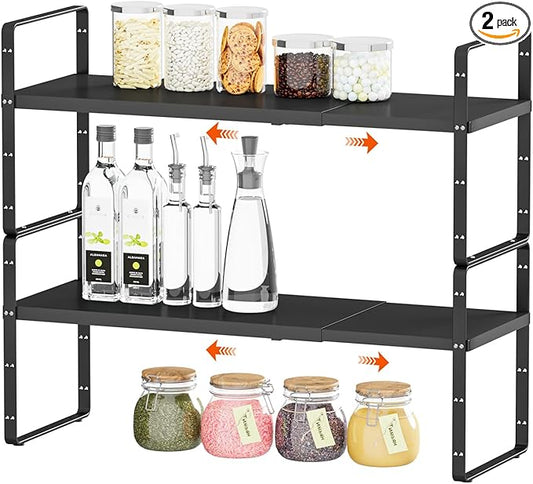 2Pack 16.5-27?쇺셂 Expandable Cabinet Countertop Shelf Organizer, Stackable Metal Shelves, Kitchen Organizers and Storage, Black Storage Spice Rack for Pantry and Cupboard