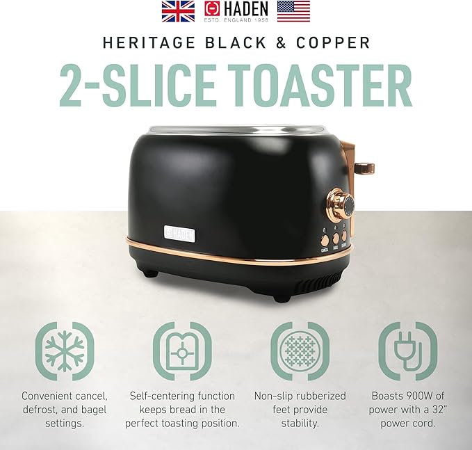 Haden Heritage 2 Slice Wide Slot Stainless Steel Toaster with Adjustable Browning Control & Non-Slip Feet, Black & Copper