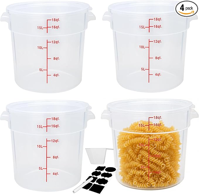 Round Food Storage Container with Lid竊?8 Qt Translucent竊?Commercial 4 Pack of ??NSF Listed, BPA-Free, Polypropylene, Non-Stick竊?Scale, with Labels & Measuring Cups
