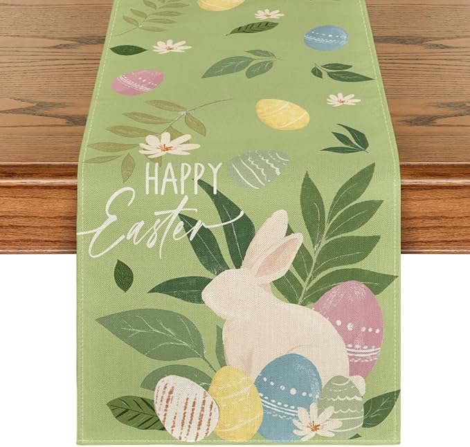 Artoid Mode Green Bunny Eggs Leaves Flowers 210 GSM Easter Table Runner, Seasonal Spring Kitchen Dining Table Decoration for Home Party Decor 13x72 Inch