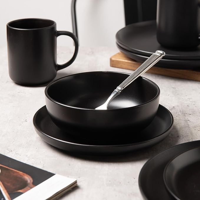 Furrnook 12-Piece Stoneware Dinnerware Set with Mugs | Microwave and Dishwasher Friendly | Stackable Matte Glaze Plates & Bowls | Service for 3 (Black for 3)