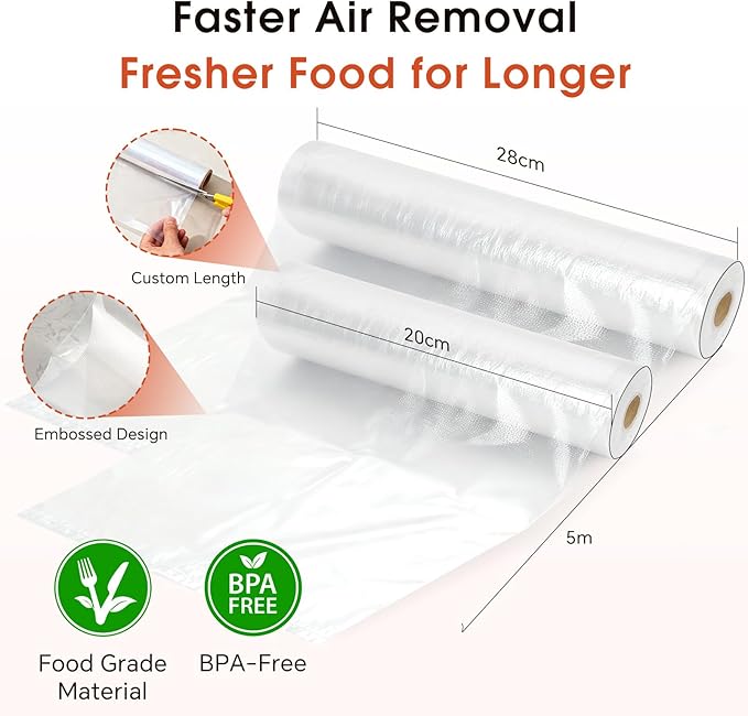 Vacuum Sealer Bags Rolls, 2 Pack Customizable Size BPA-Free Textured Food Saver Rolls for Sous Vide, Freezer & Meal Prep, Compatible with All Vacuum Sealers (8” x 16’ & 11” x 16’ ）