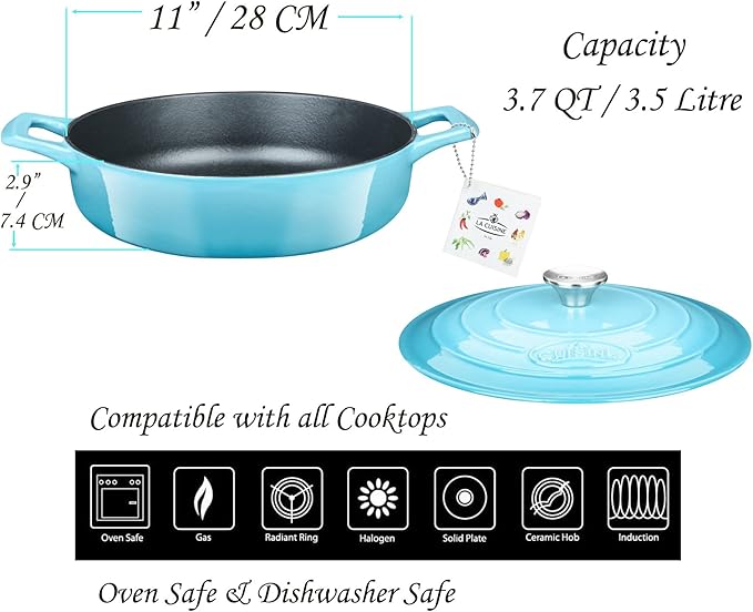 La Cuisine Enameled Cast Iron Covered Braiser, Saute Pan Casserole Pan with Lid, 3.75 QT 11" / 28cm Dia, Internal Matte Black Enamel Coating ??2 Ton Teal Enamel Coating Finish Exterior, Oven Safe up to 500째 F