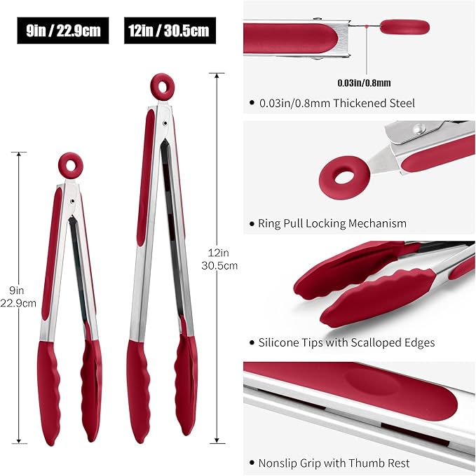 Doosu Kitchen Tongs for Cooking - 600째F Heat Resistant Food Tong Set with Non-Scratch Silicone Tips, Heavy Duty Stainless Steel Locking Tong for BBQ, Grilling Steak, Serving Salad (9+12in, Red)