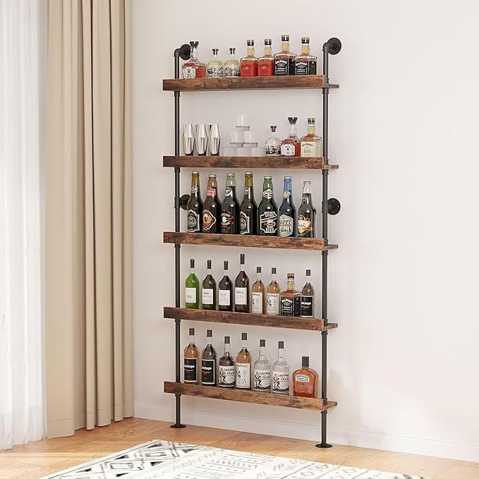 5-Tier Wall Mounted Wine Rack, Floating Bar Shelves with LED, Liquor Bottle Shelf Display, Holds 30+ Bottles, Space Saving (31.5" W x 79" H x 8.6" D)