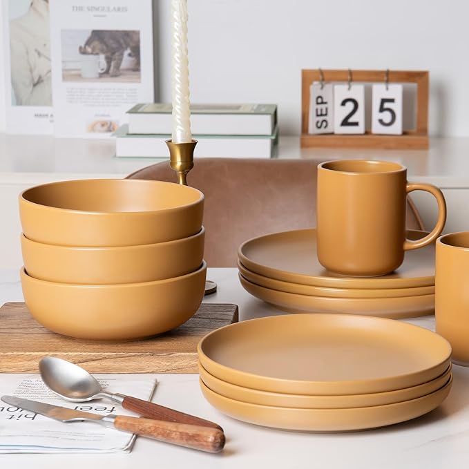 Furrnook 12-Piece Stoneware Dinnerware Set with Mugs | Microwave and Dishwasher Friendly | Stackable Matte Glaze Plates & Bowls | Service for 3 (Orange for 3)