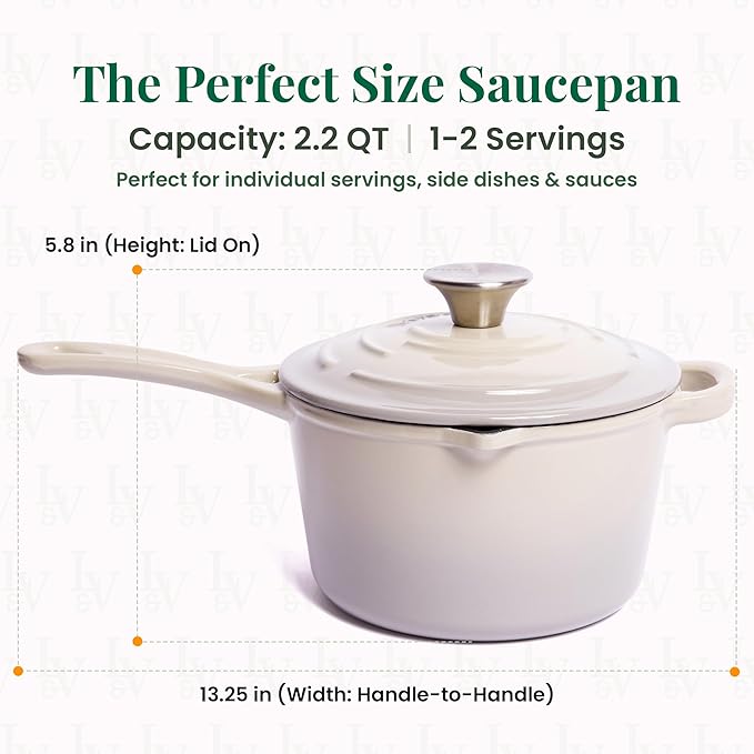 Larder & Vine Enameled Cast Iron Saucepan | 2.2 qt Sauce Pan with Lid | Saucepan with Pour Spouts | Enameled Cast Iron Pot Compatible on All Cooktops & Oven Safe to 500째 F | Stone