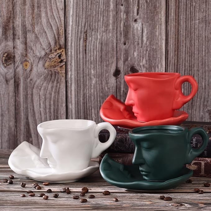 oliruim Red Coffee Cup and Saucer Set - Ceramic Unique Kissing 8.5 oz Coffee Mug Set with Spoon, Face Coffee Cup and Saucer for Valentine, Wedding, Anniversary Decor (Red)